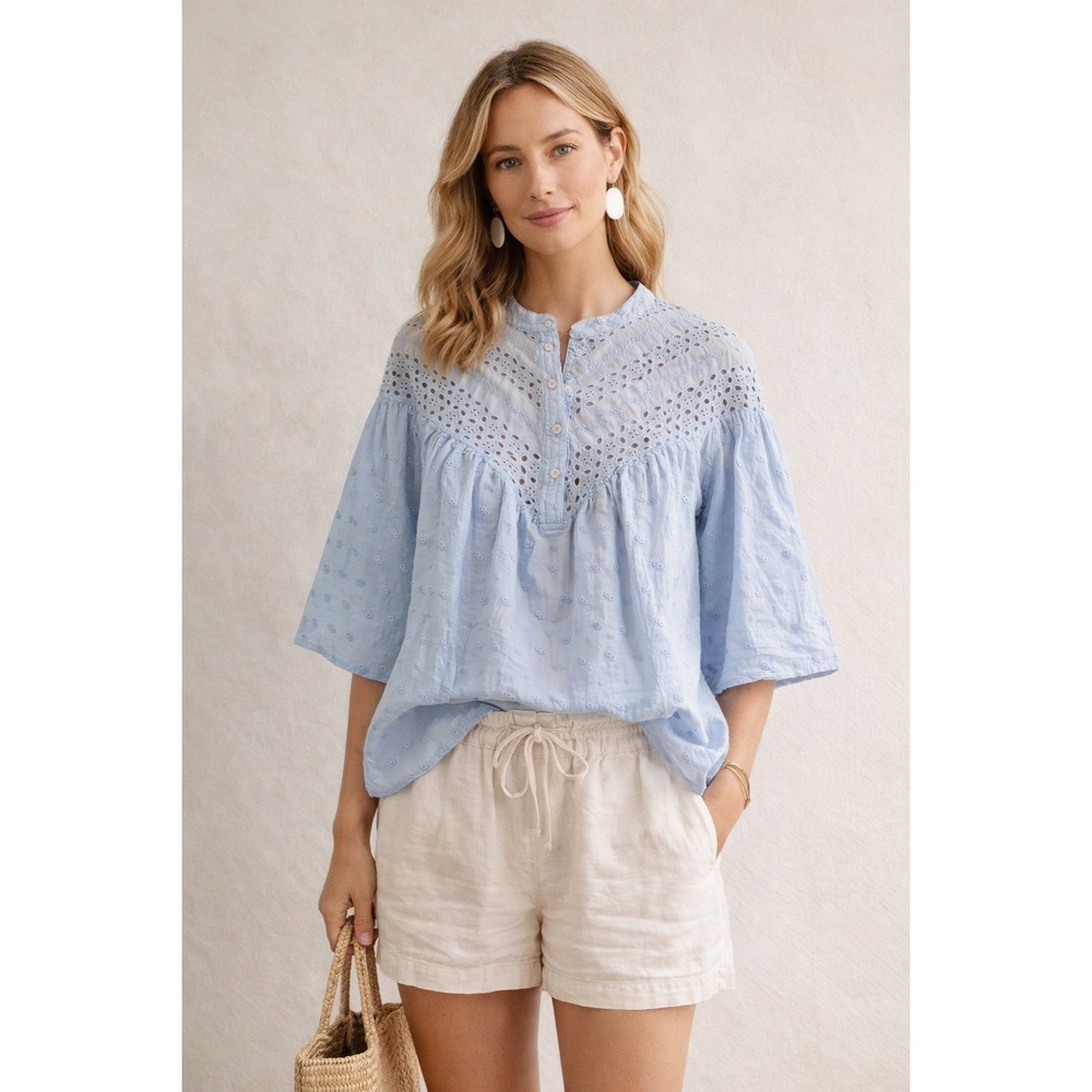 Calypso St Barth Swiss Dot Embroidered Blue Eyelet Lace Cotton Blouse Large Boho